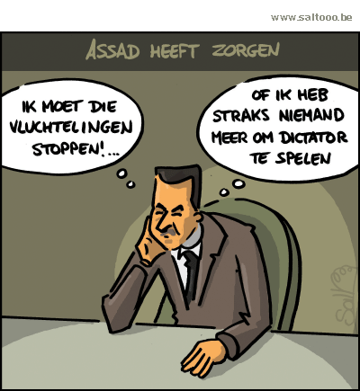 Thema van de cartoon op deze pagina: President Assad is bezorgd over de vele vluchtelingen uit Syrïe, klik op de cartoon om naar de volgende te gaan