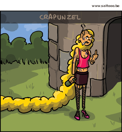 Thema van de cartoon op deze pagina: Er was eens het sprookje van crapunzel, klik op de cartoon om naar de volgende te gaan