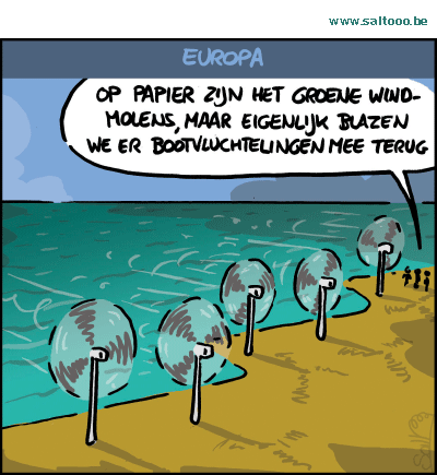 Thema van de cartoon op deze pagina: Europa moet vele problemen het hoofd bieden: vluchtelingen en groene energie, klik op de cartoon om naar de volgende te gaan