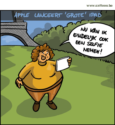 Thema van de cartoon op deze pagina: Apple presenteert de IPad pro, groot en vernieuwd, klik op de cartoon om naar de volgende te gaan