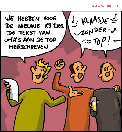 Thema van de cartoon op deze pagina: Spontane hulp om een nieuwe tekst te schrijven voor oma's aan de top, klik op de cartoon om naar de volgende te gaan