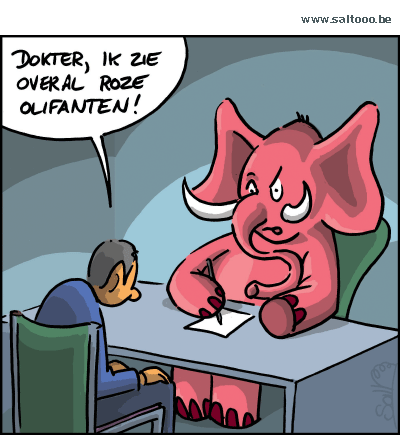 Thema van de cartoon op deze pagina: Dokter help, ik zie overal roze olifanten, klik op de cartoon om naar de volgende te gaan