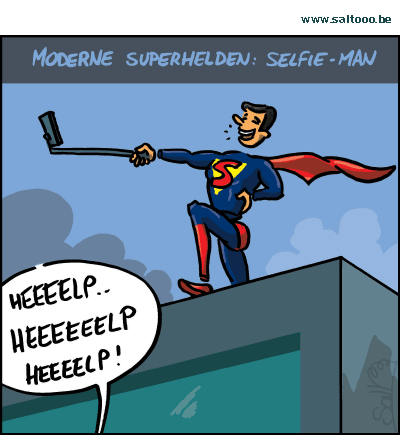 Thema van de cartoon op deze pagina: Iedere generatie zijn superhelden: Selfie-man, klik op de cartoon om naar de volgende te gaan