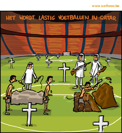 Thema van de cartoon op deze pagina: Het wordt lastig voetballen op het wk voetbal in Qatar 2022, klik op de cartoon om naar de volgende te gaan