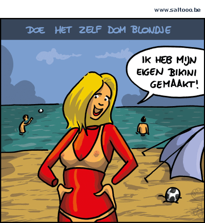 Thema van de cartoon op deze pagina: Een doe het zelf dom blondje maakt haar eigen bikini, klik op de cartoon om naar de volgende te gaan