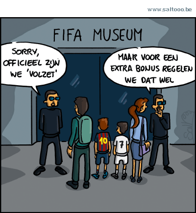 Thema van de cartoon op deze pagina: Fifa opent een museum gewijd aan het voetbal in Zurich, klik op de cartoon om naar de volgende te gaan