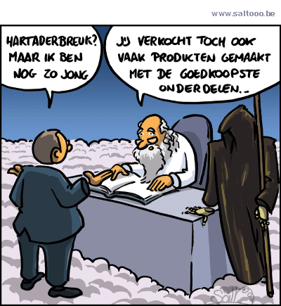 Thema van de cartoon op deze pagina: Economisch moet men producten zo goedkoop mogelijk maken, klik op de cartoon om naar de volgende te gaan