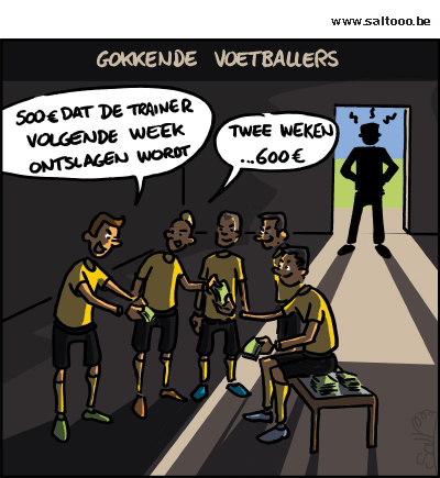 Thema van de cartoon op deze pagina: Geen uitdaging te vreemd voor gokkende voetballers, klik op de cartoon om naar de volgende te gaan