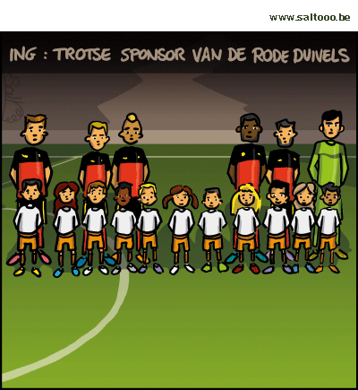 Thema van de cartoon op deze pagina: ING de trotse sponsor van onze Rode Duivels, klik op de cartoon om naar de volgende te gaan