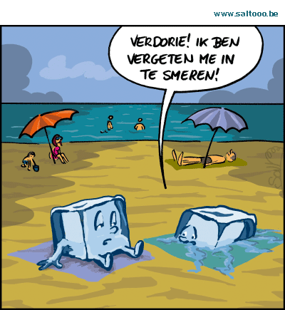 Thema van de cartoon op deze pagina: Tegen uv stralen kan men zich beter insmeren met zonnecreme, klik op de cartoon om naar de volgende te gaan