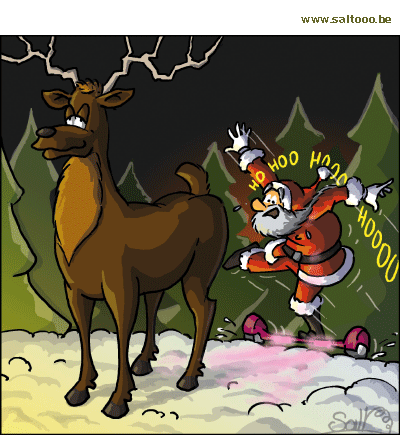 Thema van de cartoon op deze pagina: De kerstman men zijn typische ho-ho-ho-hooo wenst je een prettig kerstfeest, klik op de cartoon om naar de volgende te gaan