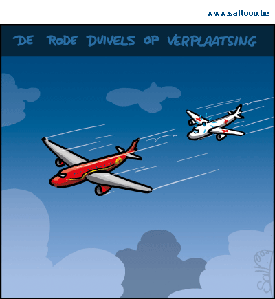 Thema van de cartoon op deze pagina: De rode duivels op verplaatsing in de aanloop naar het Ek 2016, klik op de cartoon om naar de volgende te gaan