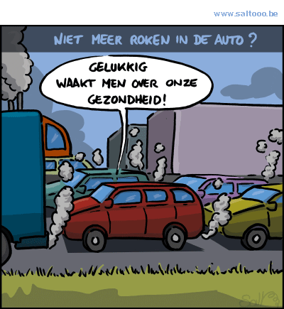 Thema van de cartoon op deze pagina: Met kinderen in de auto mag er niet meer gerookt worden, klik op de cartoon om naar de volgende te gaan