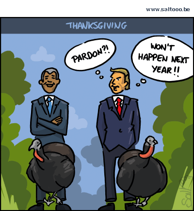 Thema van de cartoon op deze pagina: Is er change op komst voor wat thanksgiving betreft, klik op de cartoon om naar de volgende te gaan