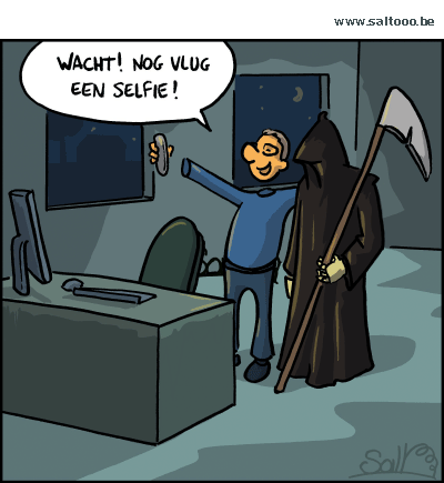 Thema van de cartoon op deze pagina: Bij elke ontmoeting met een bekend iemand nog vlug een selfie, klik op de cartoon om naar de volgende te gaan