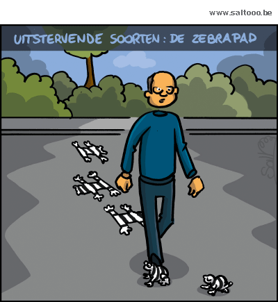 Thema van de cartoon op deze pagina: In de lente gaan de padden op trek al is dat niet altijd veilig, klik op de cartoon om naar de volgende te gaan