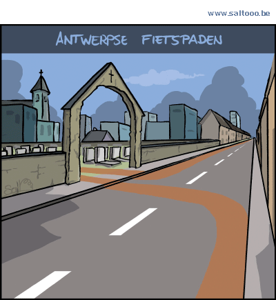 Thema van de cartoon op deze pagina: De veiligheid van de Antwerpse fietspaden staat ter discussie, klik op de cartoon om naar de volgende te gaan