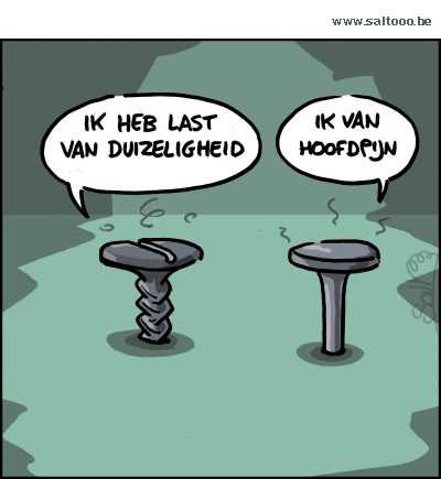 Thema van de cartoon op deze pagina: De ene heeft last van draaiingen, de andere van hoofdpijn, klik op de cartoon om naar de volgende te gaan