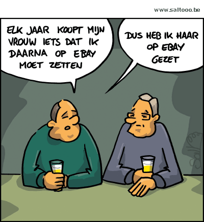 Thema van de cartoon op deze pagina: Foute geschenken worden vaak tweedehands online weer verkocht, klik op de cartoon om naar de volgende te gaan