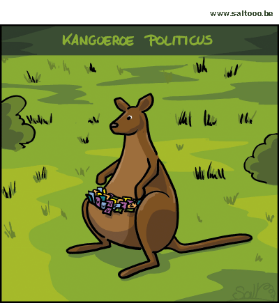Thema van de cartoon op deze pagina: De kangoeroe zou een heel goeie politicus zijn, klik op de cartoon om naar de volgende te gaan