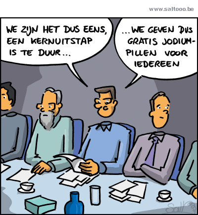 Thema van de cartoon op deze pagina: Een kernuitstap is wegens de grote kost nog alitjd niet evident, klik op de cartoon om naar de volgende te gaan