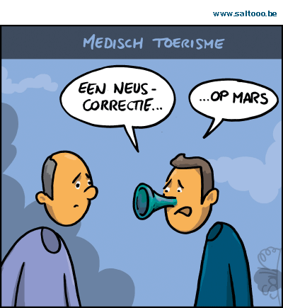 Thema van de cartoon op deze pagina: Medisch toerisme zit in stijgende lijn, klik op de cartoon om naar de volgende te gaan