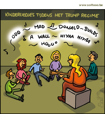 Thema van de cartoon op deze pagina: Zelfs kinderliedjes als Old Mc Donald had a farm ontsnappen niet aan het Trump regime, klik op de cartoon om naar de volgende te gaan