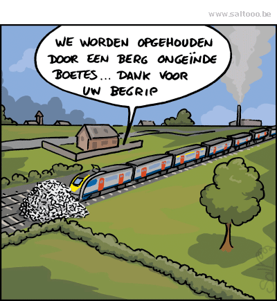 Thema van de cartoon op deze pagina: De NMBS laat honderden miljoenen aan ongeïnde boetes liggen, klik op de cartoon om naar de volgende te gaan