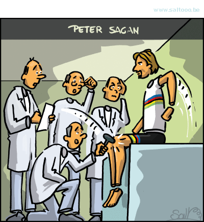 Thema van de cartoon op deze pagina: De grote discussie over de elleboog van Peter Sagan, klik op de cartoon om naar de volgende te gaan