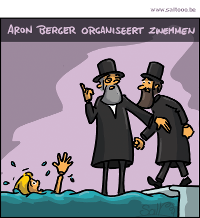Thema van de cartoon op deze pagina: Harde werkende jood Aron Berger organiseert zelfs zwem sessies, klik op de cartoon om naar de volgende te gaan