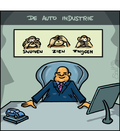 Thema van de cartoon op deze pagina: De auto industrie probeert de impact van CO2 te minimaliseren met testen op apen, klik op de cartoon om naar de volgende te gaan