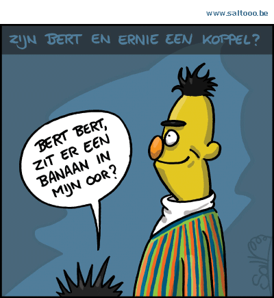 Thema van de cartoon op deze pagina: Volgens schrijver Mark Saltzman zijn Bert en Ernie een homo koppel, klik op de cartoon om naar de volgende te gaan