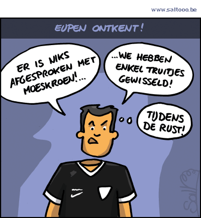 Thema van de cartoon op deze pagina: Eupen ontkent elke vorm van beinvloeding of vervalsing op de laatste speeldag, klik op de cartoon om naar de volgende te gaan