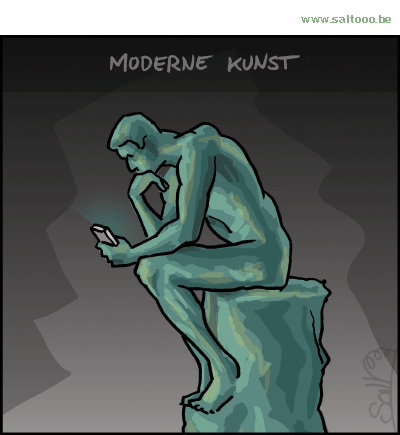 Thema van de cartoon op deze pagina: Als je 'le penseur' van Rodin in een modern kunstwerk omvormt, klik op de cartoon om naar de volgende te gaan