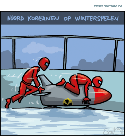 Thema van de cartoon op deze pagina: Ook de atleten van Noord-Korea zitten in de winterspelen van Pyeongchang, klik op de cartoon om naar de volgende te gaan