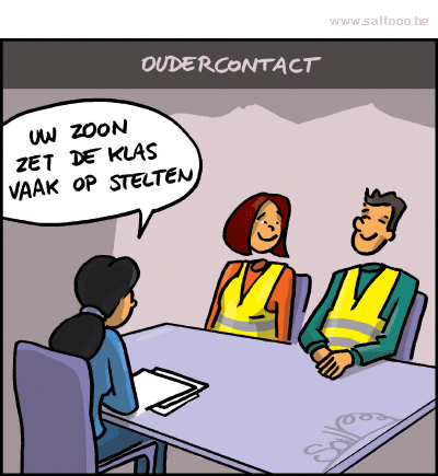 Thema van de cartoon op deze pagina: Als gele hesjes op oudercontact moeten voor hun kinderen, klik op de cartoon om naar de volgende te gaan