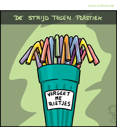 Thema van de cartoon op deze pagina: De strijd tegen plastiek, ballonnen en plastiek rietjes, klik op de cartoon om naar de volgende te gaan