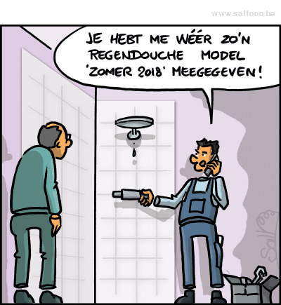 Thema van de cartoon op deze pagina: Niet elke model van de regendouche is even geslaagd, klik op de cartoon om naar de volgende te gaan