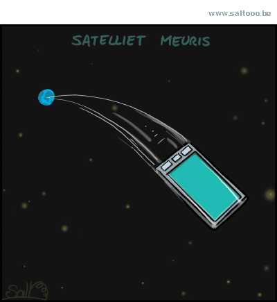 Thema van de cartoon op deze pagina: Stijn Meuris lanceert een nieuwe satelliet, klik op de cartoon om naar de volgende te gaan
