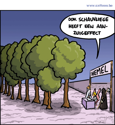 Thema van de cartoon op deze pagina: Schauvliege heeft een aanzuigeffect op het rooien van zeldzame bossen, klik op de cartoon om naar de volgende te gaan