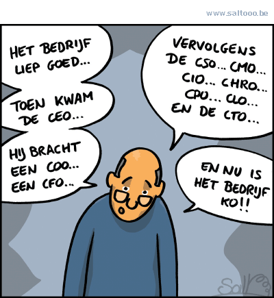 Thema van de cartoon op deze pagina: Het bedrijf draaide goed en toen kwam de CEO, klik op de cartoon om naar de volgende te gaan