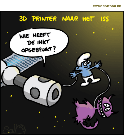 Thema van de cartoon op deze pagina: Men wil een 3D printer naar het ISS ruimtestation sturen, klik op de cartoon om naar de volgende te gaan