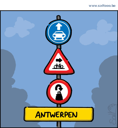Thema van de cartoon op deze pagina: Antwerpen plaats in zijn verkeersbeleid de auto boven de fiets, klik op de cartoon om naar de volgende te gaan