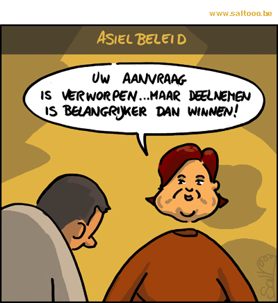 Thema van de cartoon op deze pagina: Een geweigerd asiel kan je ook sportief bekijken, klik op de cartoon om naar de volgende te gaan