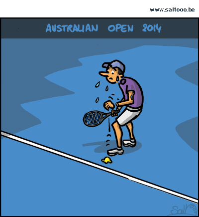 Thema van de cartoon op deze pagina: Een hittegolf rolt over de australian open van 2014, klik op de cartoon om naar de volgende te gaan