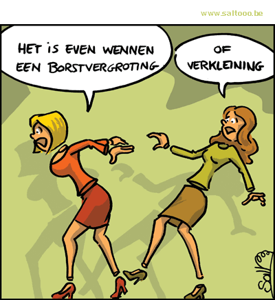 Thema van de cartoon op deze pagina: Het is even wennen na een borstvergroting of verkleining, klik op de cartoon om naar de volgende te gaan