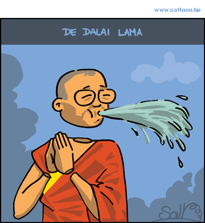 Thema van de cartoon op deze pagina: De dalai lama kan zich op een onbewaakt moment ook wel eens bedreigd voelen, klik op de cartoon om naar de volgende te gaan