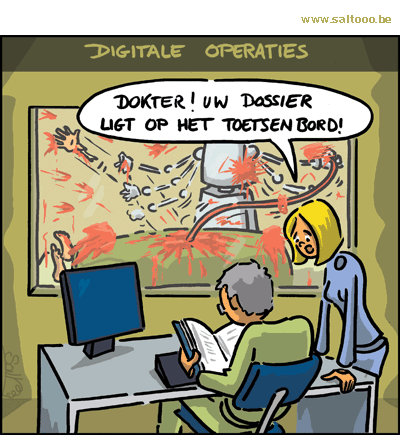 Thema van de cartoon op deze pagina: Wordt digitaal operen de toekomst in de medische wereld, klik op de cartoon om naar de volgende te gaan