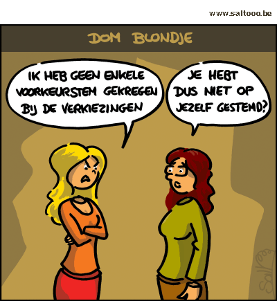 Thema van de cartoon op deze pagina: Een dom blondje dat deelneemt aan de verkiezingen, klik op de cartoon om naar de volgende te gaan