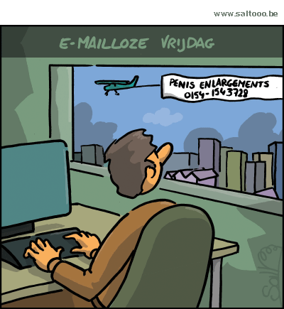 Thema van de cartoon op deze pagina: E-mailloze vrijdag om bewuster met e-mail om te gaan, klik op de cartoon om naar de volgende te gaan